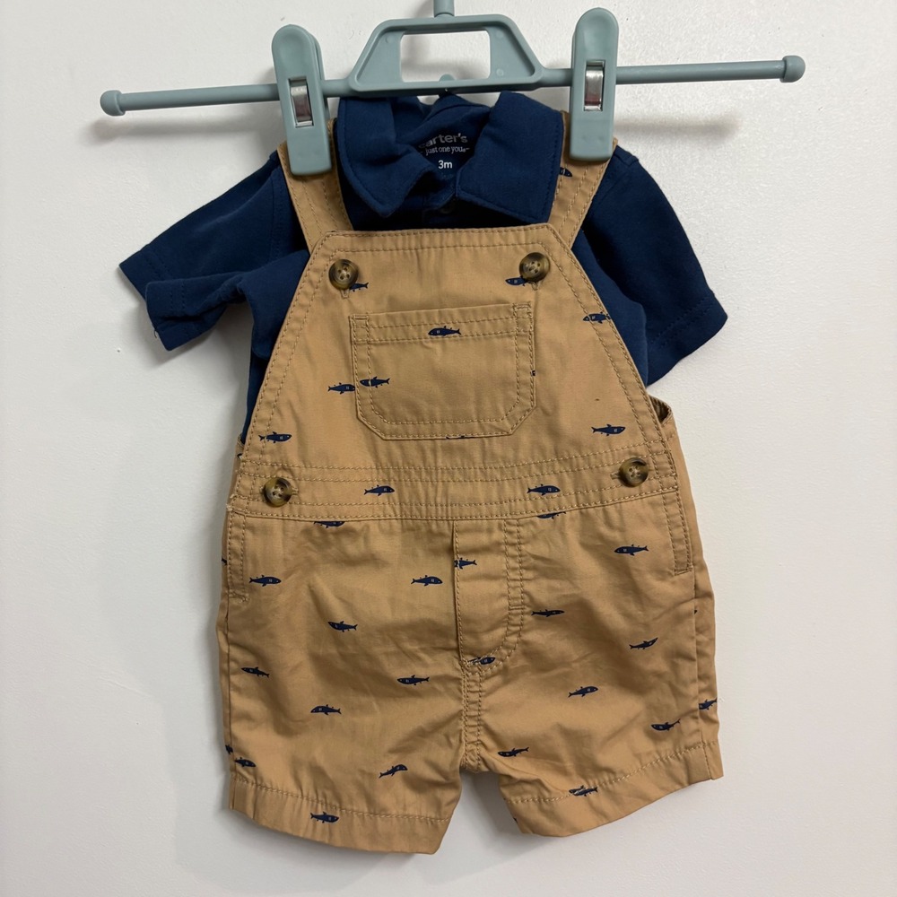 Carters Just One You Baby Boy 3M 2pc Shark Polo Shirt and Khaki Shortalls‎ Set